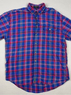 Vintage Izod Men’s Large Blue Red Tartan Plaid Button Down Shirt Preppy Cottage